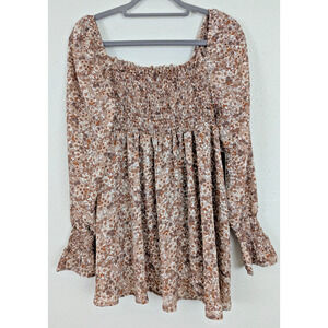 New J for Justify sz M Smocked Tunic blouse babydoll floral long sleeves 0975